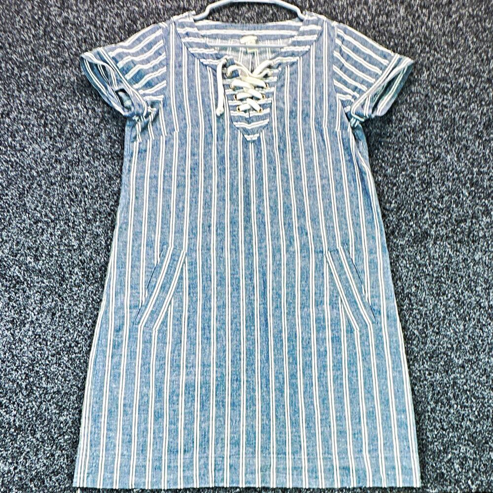 J.Crew Women’s XS Linen Cotton Striped Lace Up Shift Dress Blue White G5755